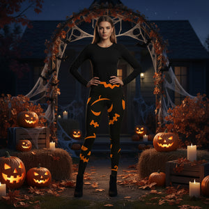 Women’s Halloween skinny leggings, black base with orange jack-o-lantern and bone icons