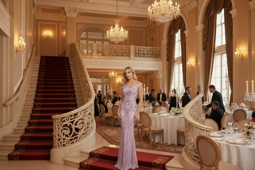 Fishtail evening dress with fitted bodice, sleeveless, lace-like sparkle, light purple