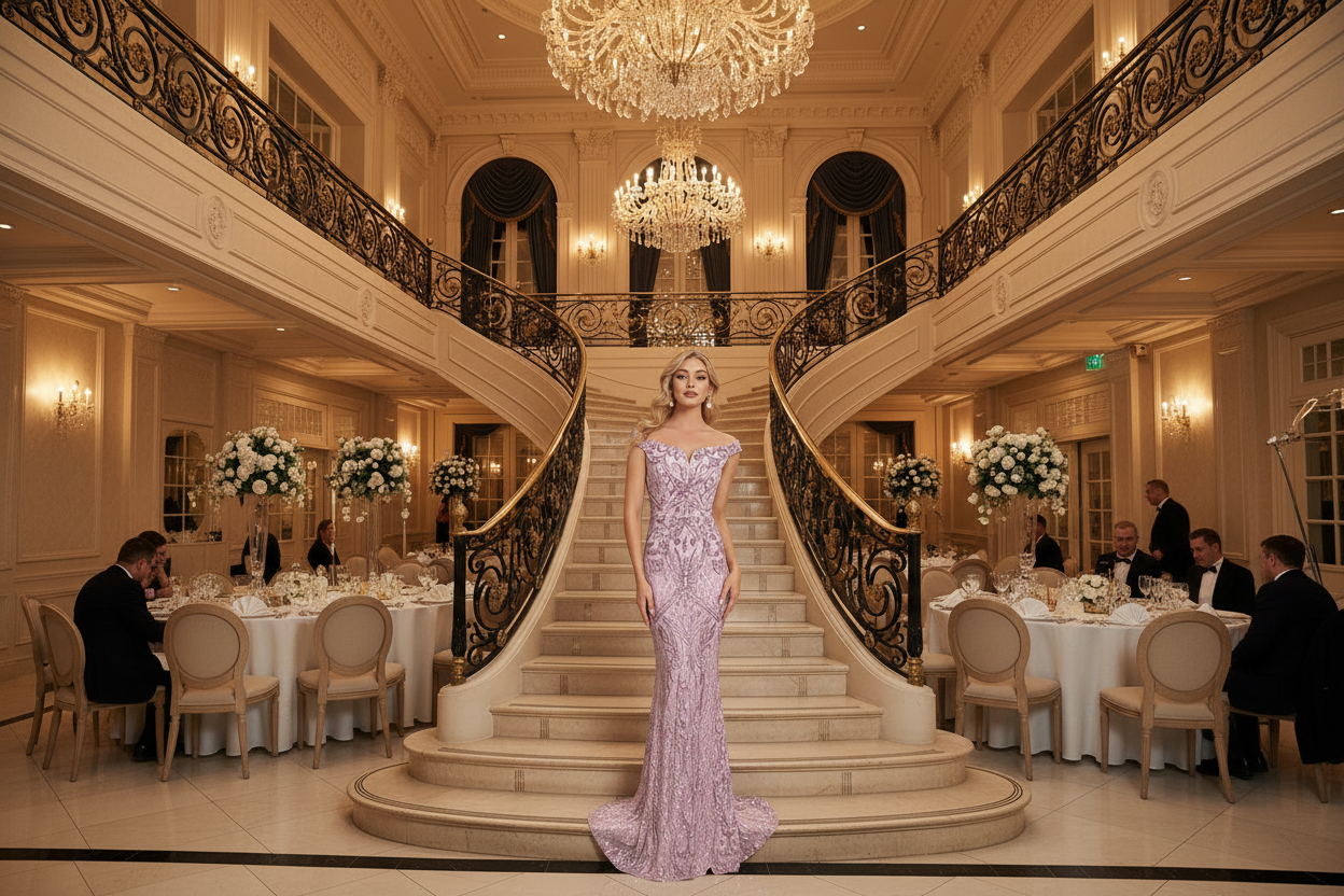 Lavender off-shoulder fishtail evening dress with cap sleeves and glittering beadwork