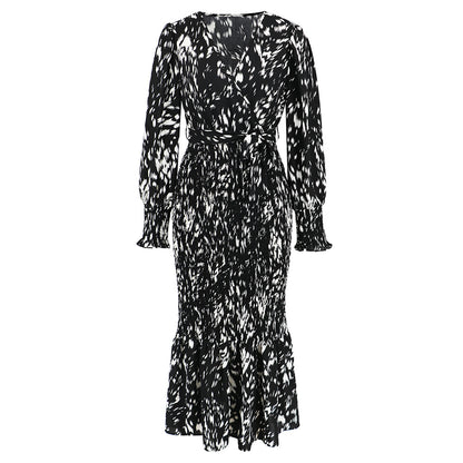 Slim-fit Temperament V-neck Belt Printed Long Fishtail Dress