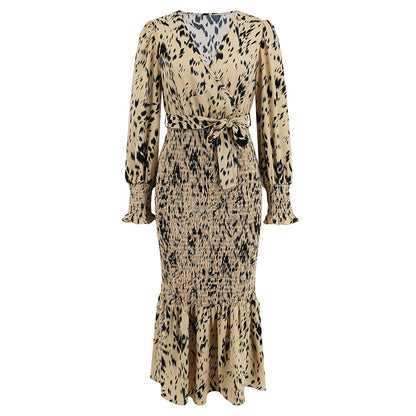 Slim-fit Temperament V-neck Belt Printed Long Fishtail Dress