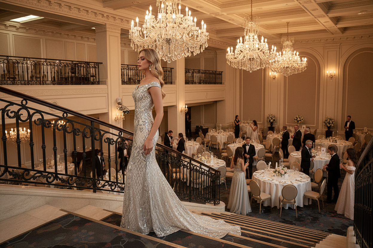 Ivory fishtail evening dress with off-shoulder neckline and intricate silver embellishment