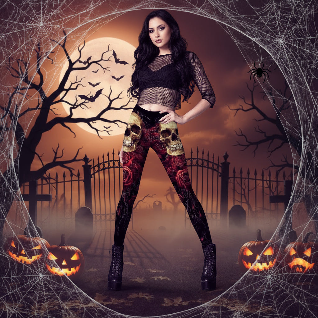 Skull Spider Web Printed Tight Leggings
