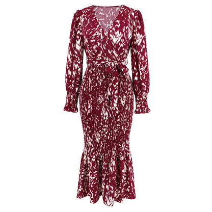 Slim-fit Temperament V-neck Belt Printed Long Fishtail Dress