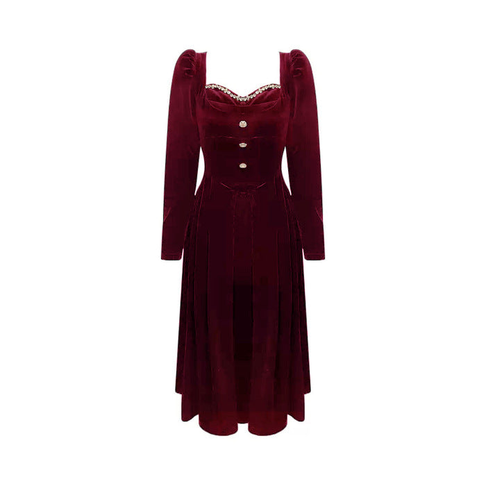 Velvet Dress Slim Fit Slimming French Gold Long Sleeve Dress
