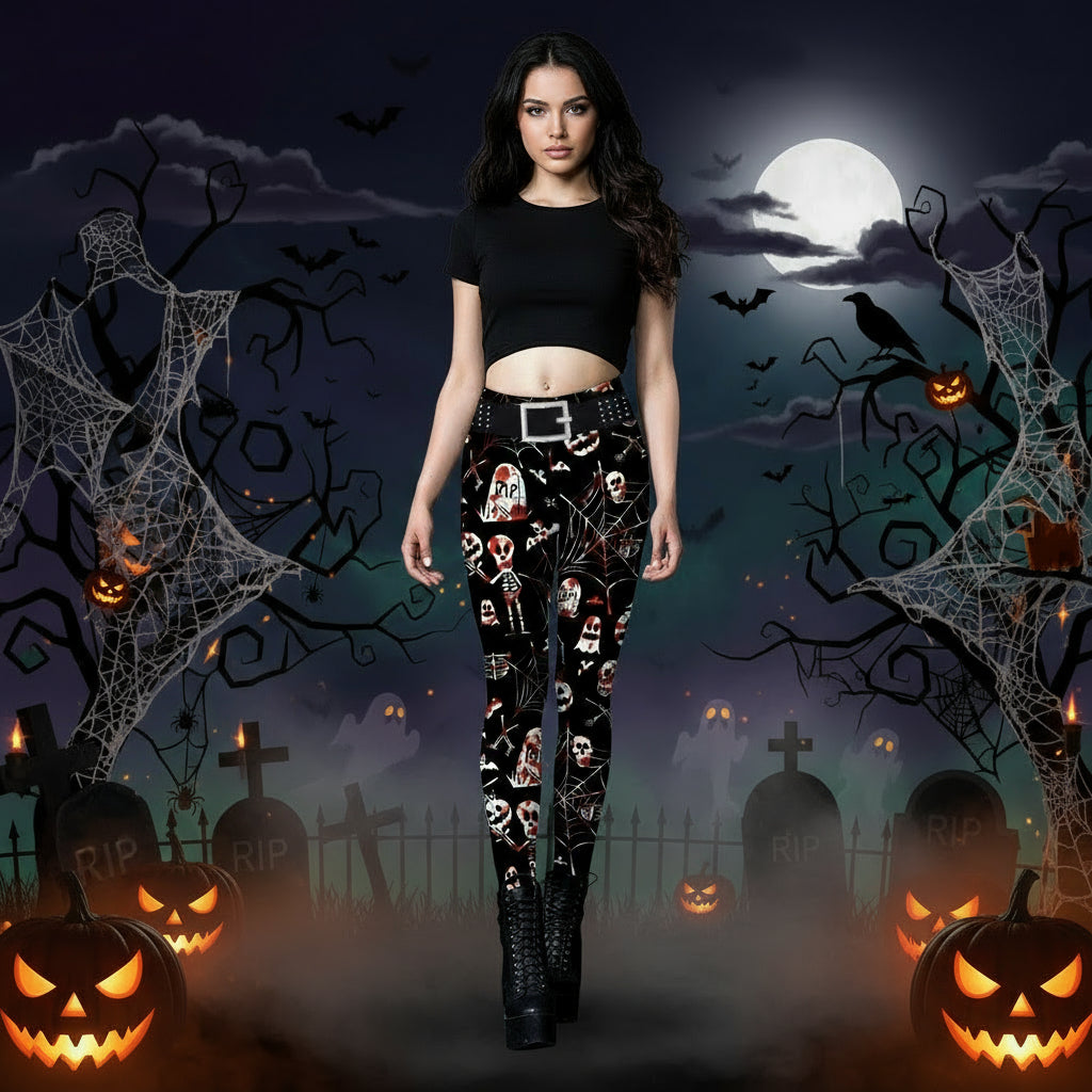 Skull Spider Web Printed Tight Leggings