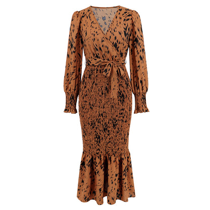Slim-fit Temperament V-neck Belt Printed Long Fishtail Dress