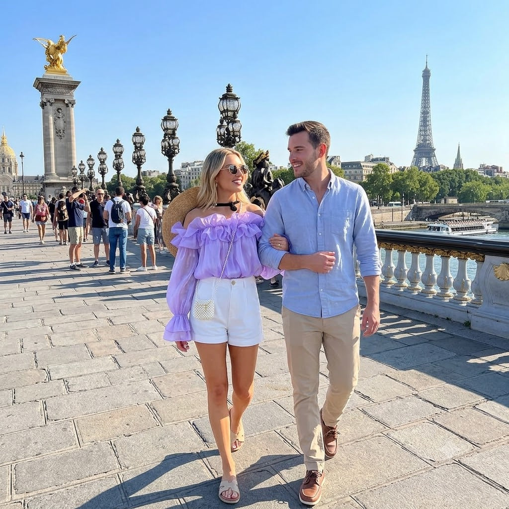 Off-shoulder chiffon blouse, lavender with ruffled off-shoulder neckline and cuffs