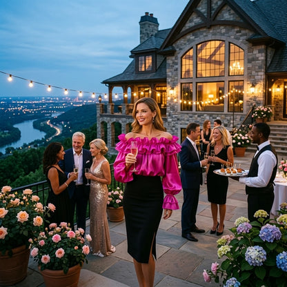 Off-shoulder chiffon blouse, bright pink with ruffled off-shoulder neckline