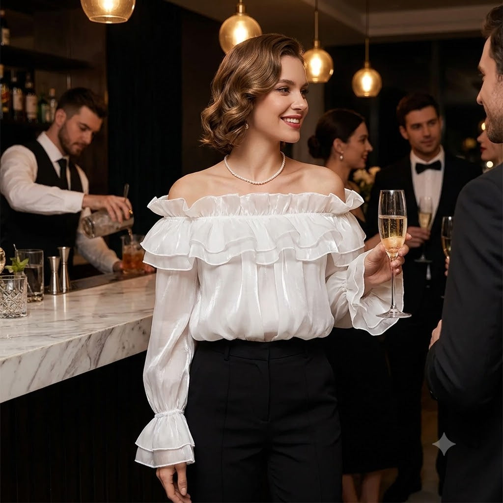 Off-shoulder chiffon blouse, white with layered ruffled trim and puff sleeves