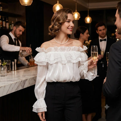 Off-shoulder chiffon blouse, white with layered ruffled trim and puff sleeves