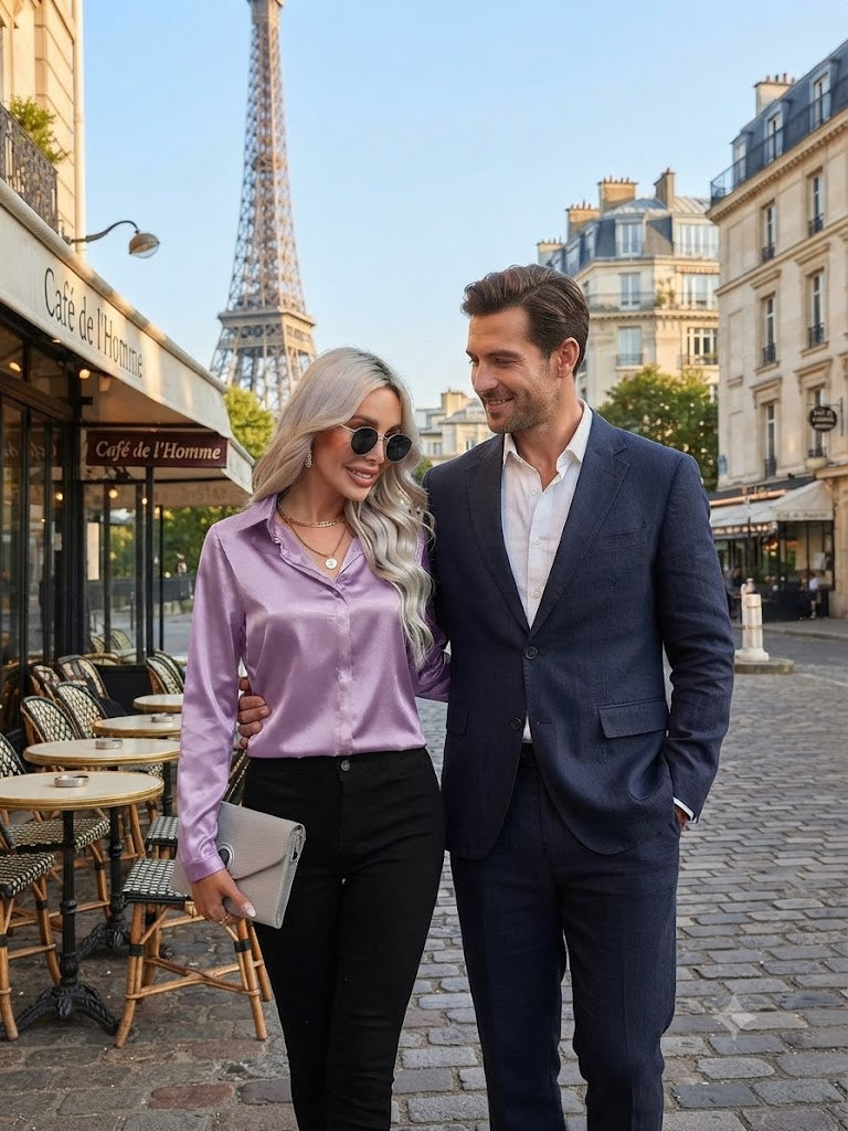 Light purple satin long-sleeve one-button shirt with V-neck and buttoned front