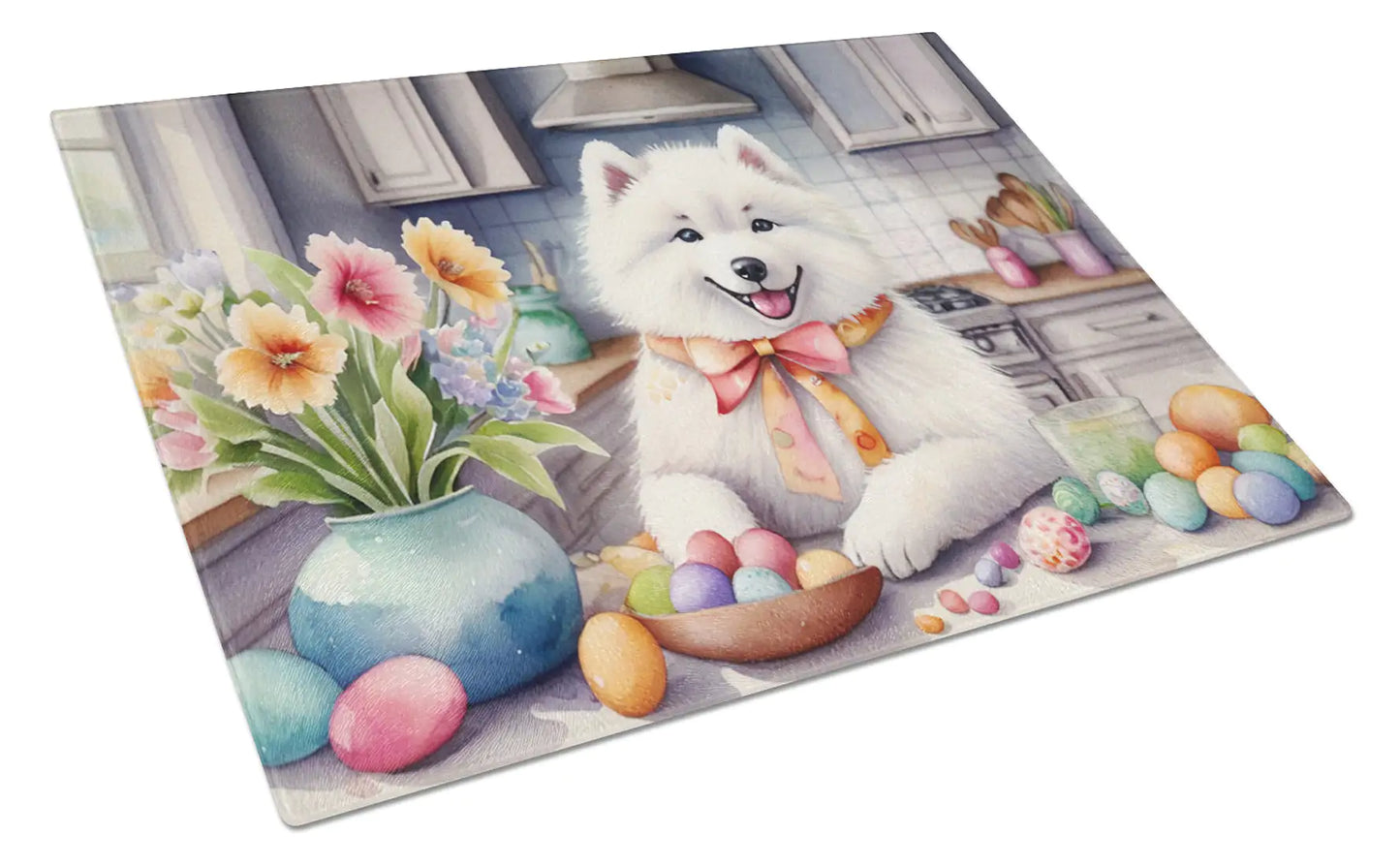 Decorating Easter Samoyed Glass Cutting Board