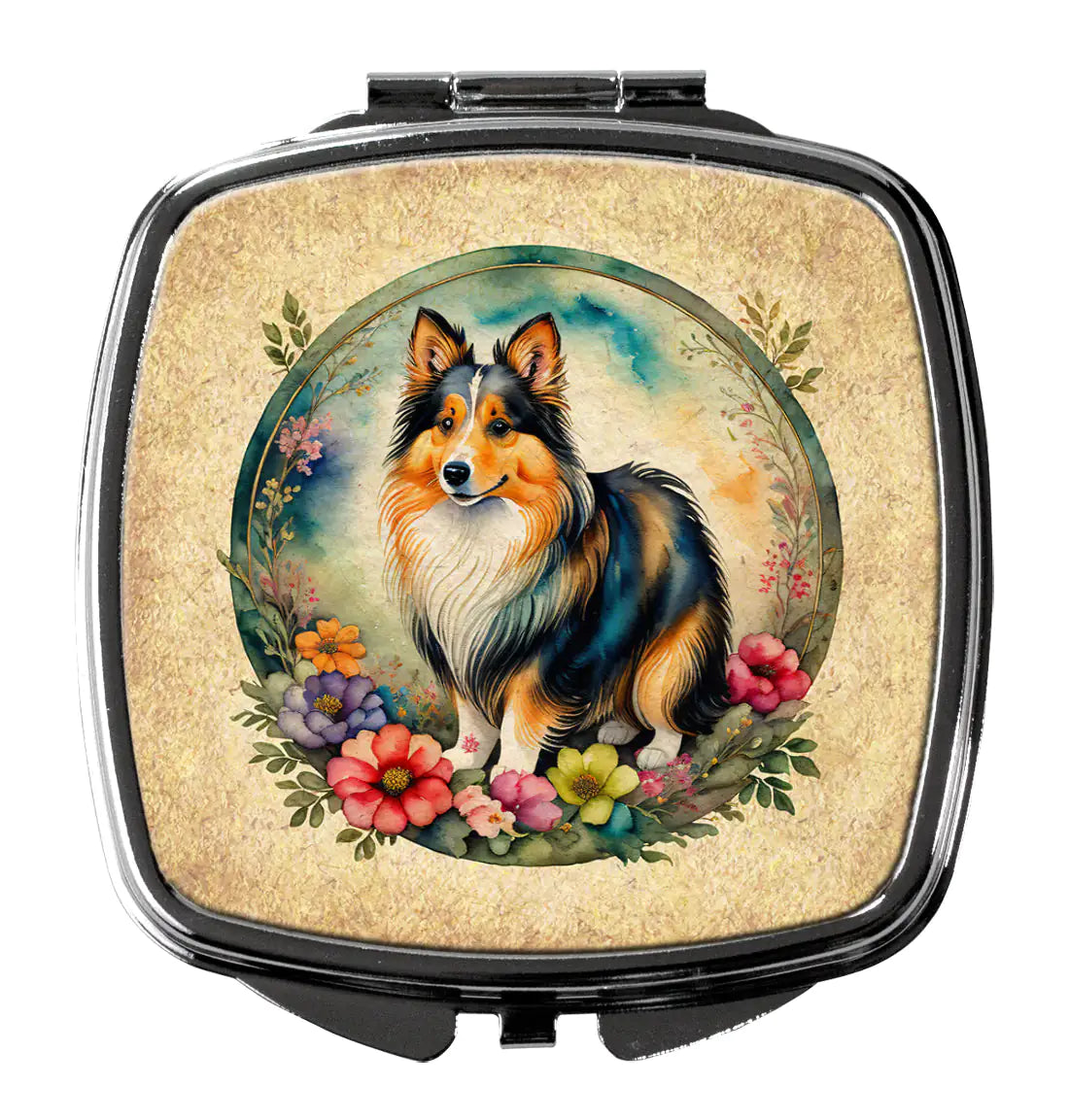 Sheltie and Flowers Compact Mirror