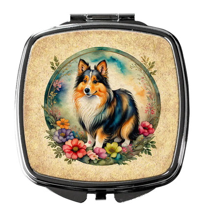 Sheltie and Flowers Compact Mirror