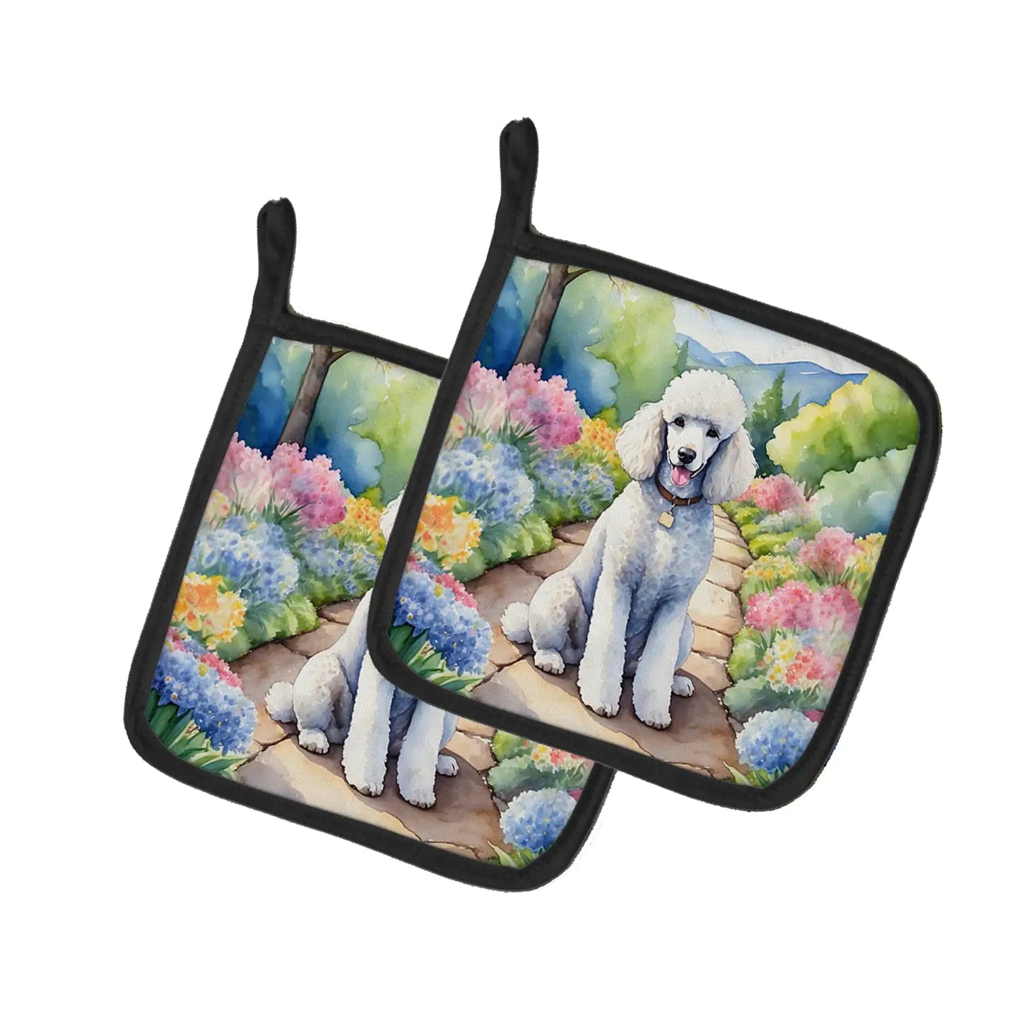 White Poodle Spring Path Pair of Pot Holders