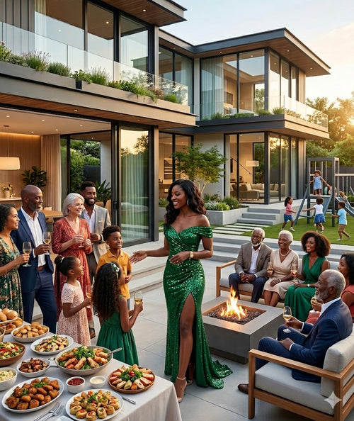 Green sequined off-neck split dress with sleeveless bodice and thigh-high slit.