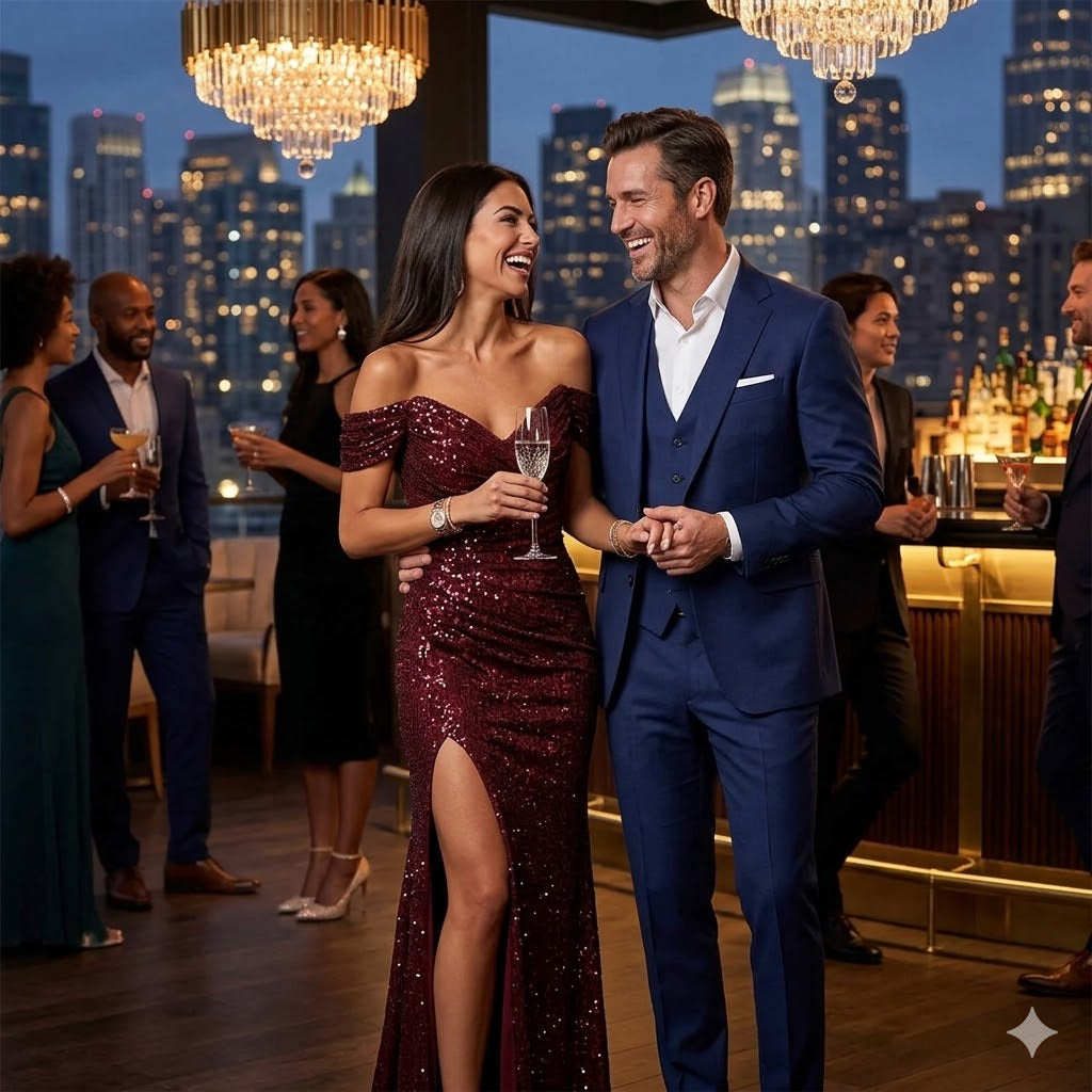 Burgundy sequined off-neck split dress with sleeveless bodice and thigh-high slit.