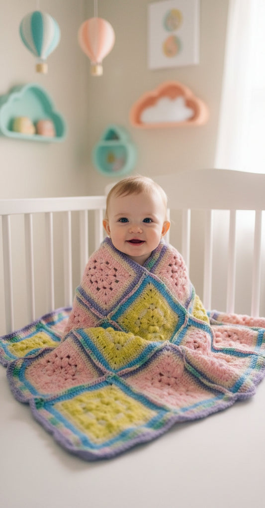 Handmade Granny Baby Blanket Square of Pinks, Yellows, Baby Mix with Light Purple Border Shell Patchwork