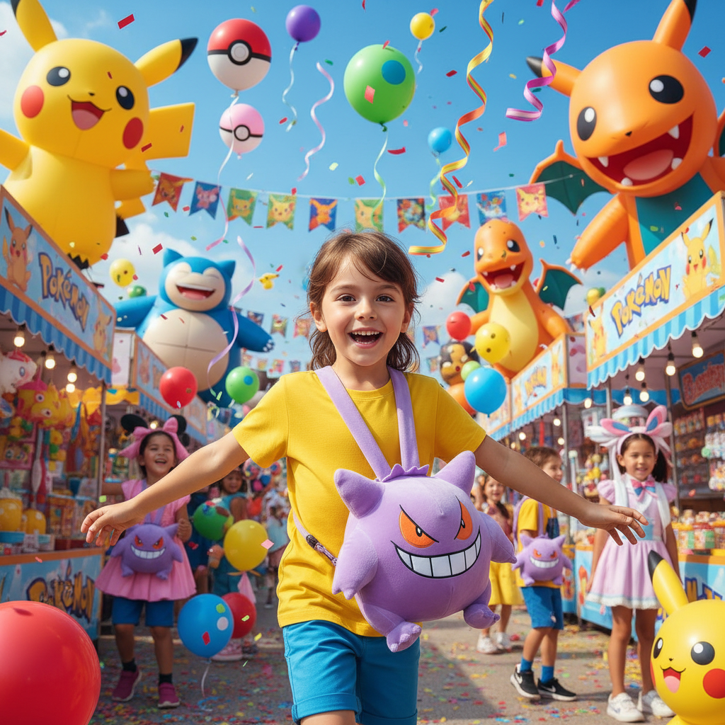 Purple Gengar plush backpack with orange eyes and big grin, worn at front.
