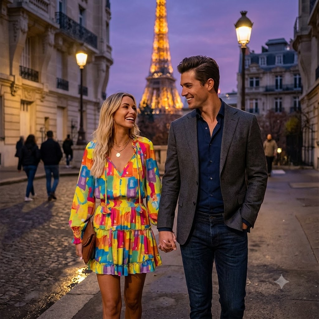 Long sleeve puff-waist dress with multicolor geometric print