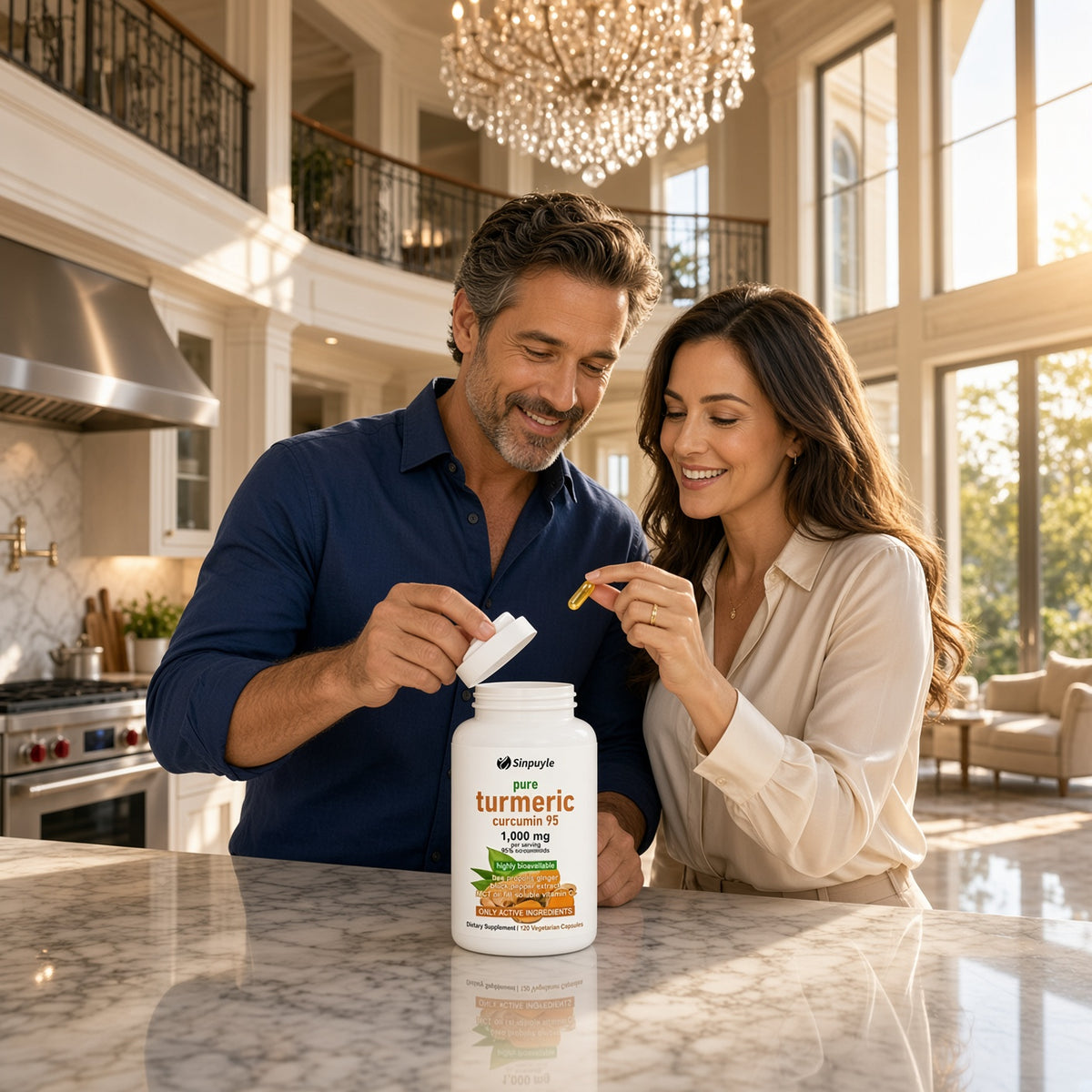 Pure Turmeric curcumin supplement bottle, orange 1000 mg label.