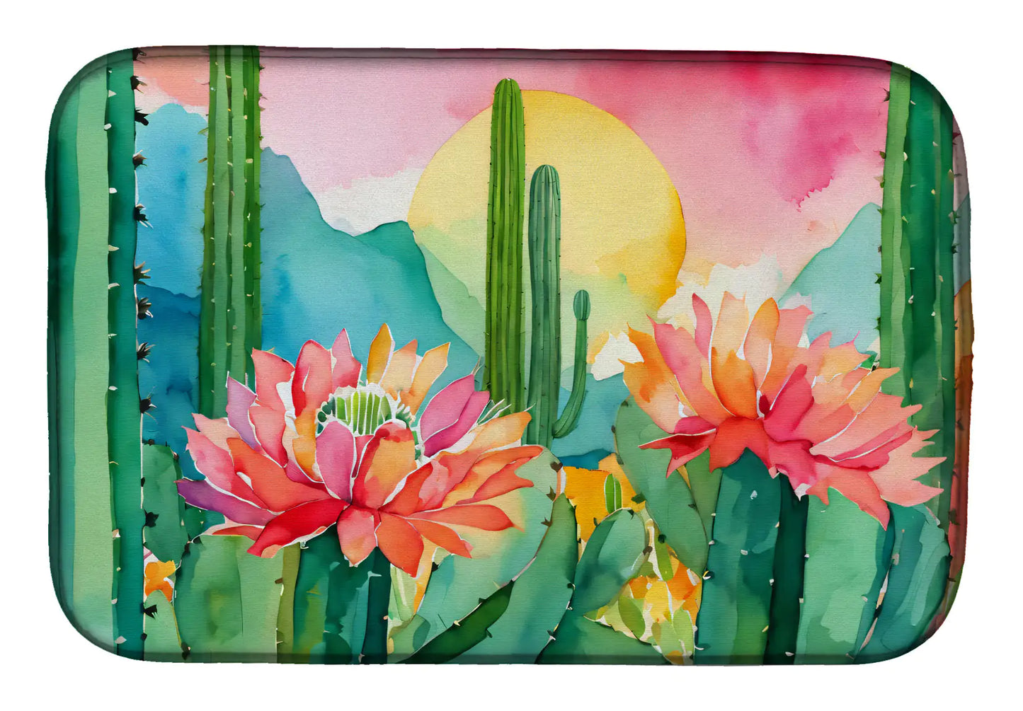 Arizona Saguaro Cactus Blossom in Watercolor Dish Drying Mat