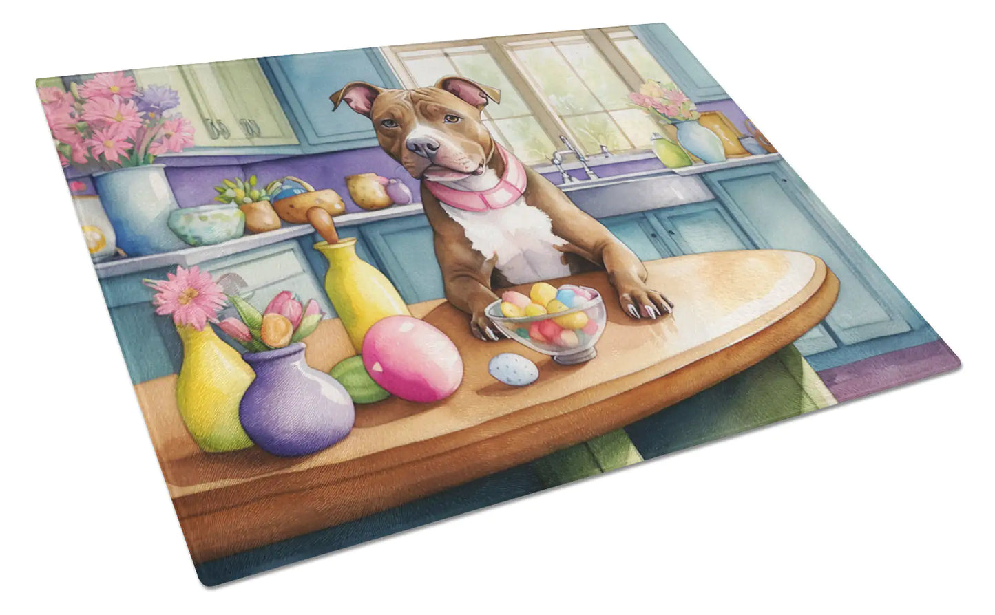 Decorating Easter Pit Bull Terrier Glass Cutting Board