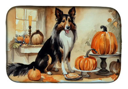 Collie Fall Kitchen Pumpkins Dish Drying Mat