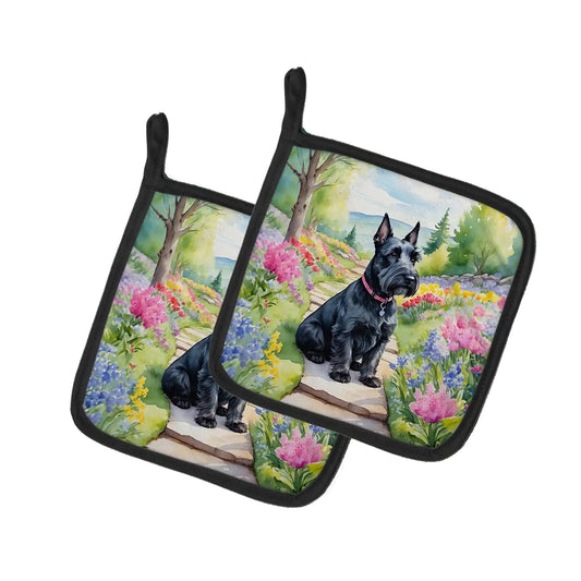 Scottish Terrier Spring Path Pair of Pot Holders