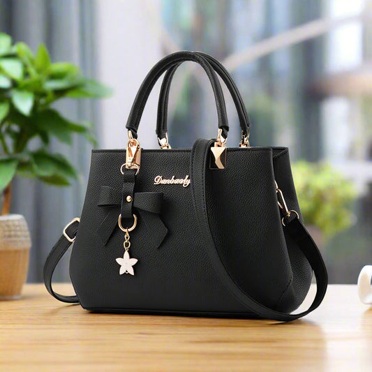 SMALLBLUER Top-handle Handbags Purse for Women Small Satchel PU Leather Shoulder Crossbody Bag with Bowtie Pendant-Black