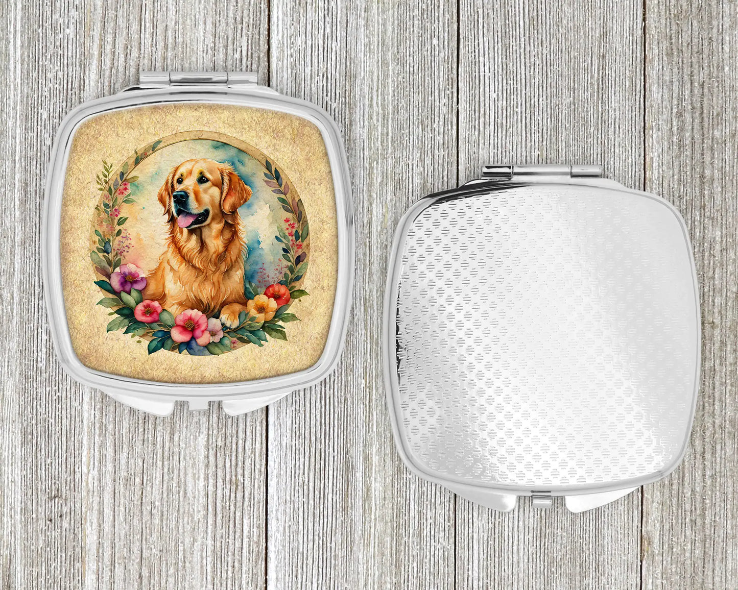 Golden Retriever and Flowers Compact Mirror