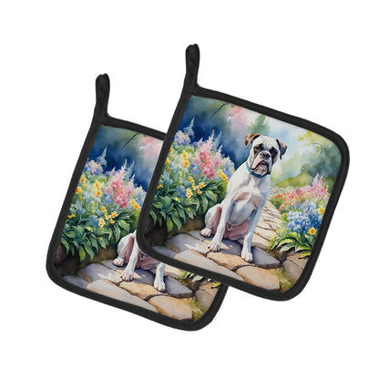 White Boxer Spring Path Pair of Pot Holders