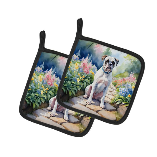 White Boxer Spring Path Pair of Pot Holders