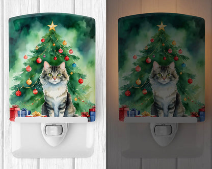 La Perm Cat By the Christmas Tree Ceramic Night Light