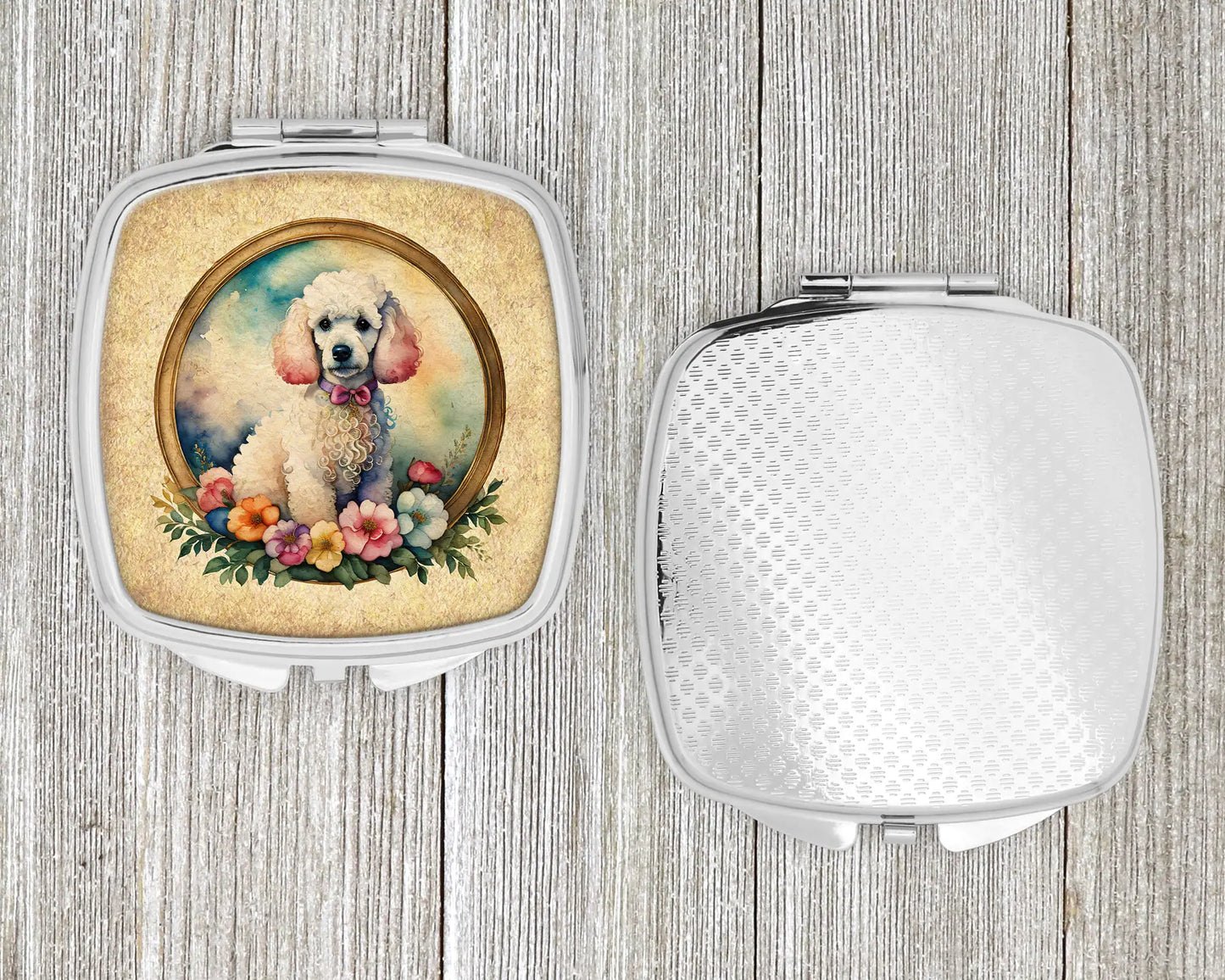 White Poodle and Flowers Compact Mirror