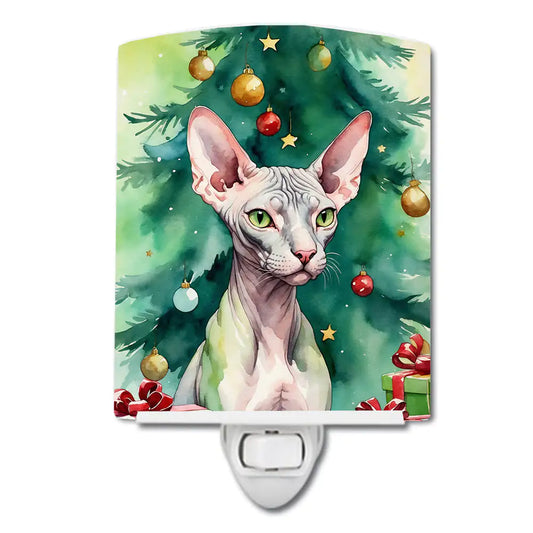 Donskoy Don Sphynx Cat By the Christmas Tree Ceramic Night Light
