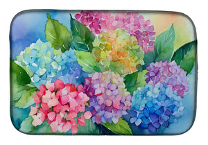 Dish drying mat with watercolor hydrangea flowers in blue, pink, purple, and green