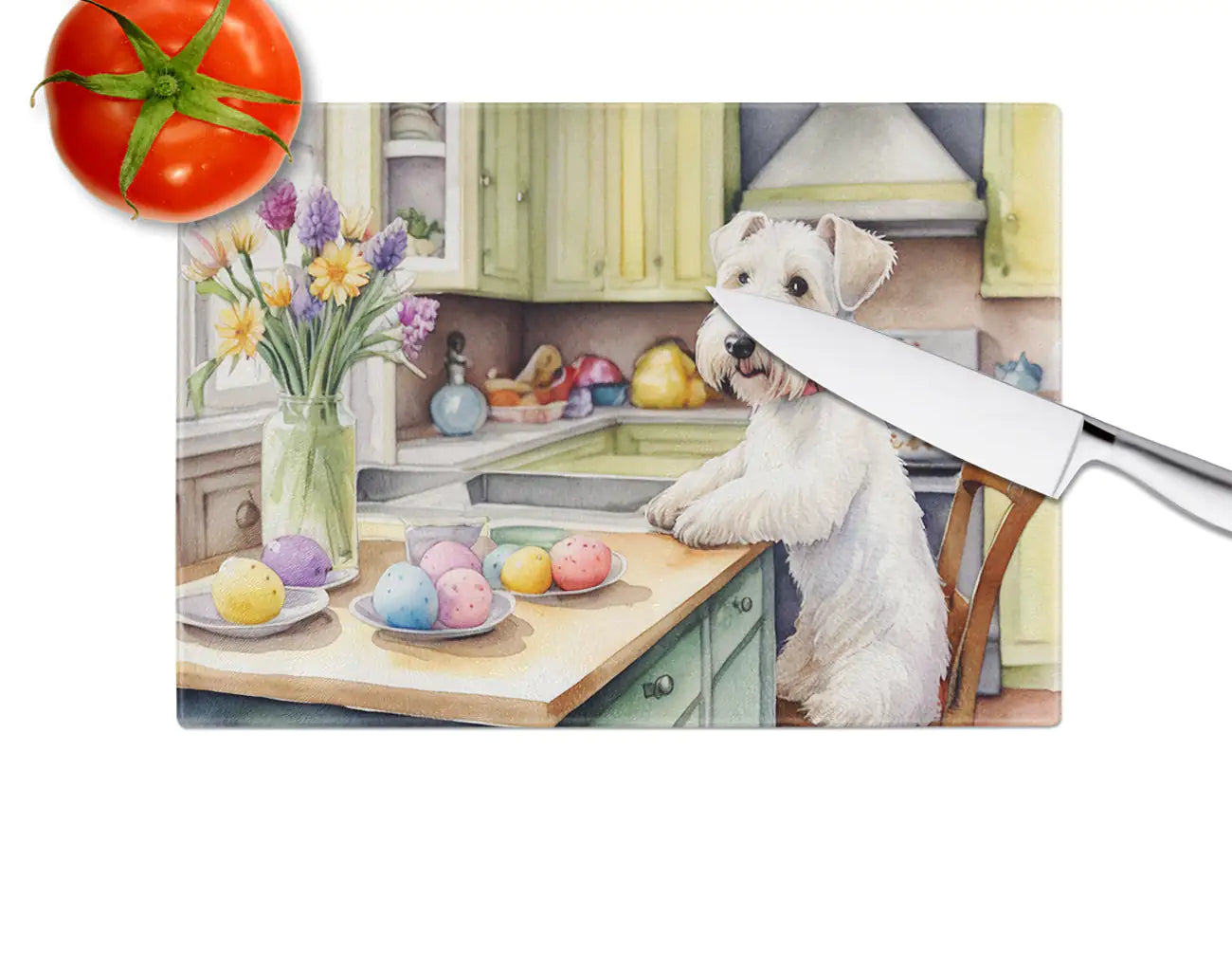 Decorating Easter Sealyham Terrier Glass Cutting Board