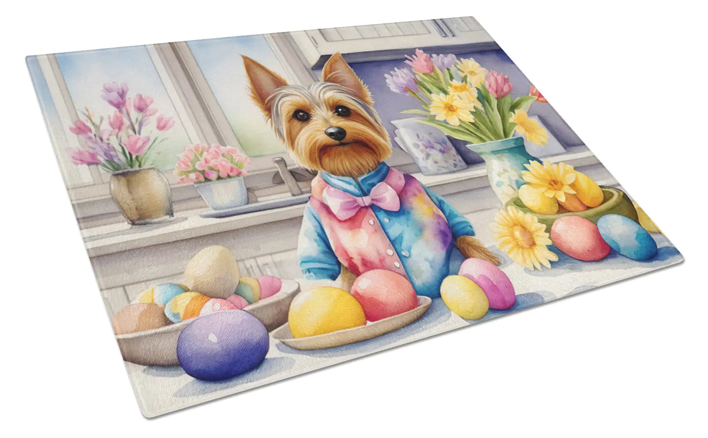 Decorating Easter Silky Terrier Glass Cutting Board