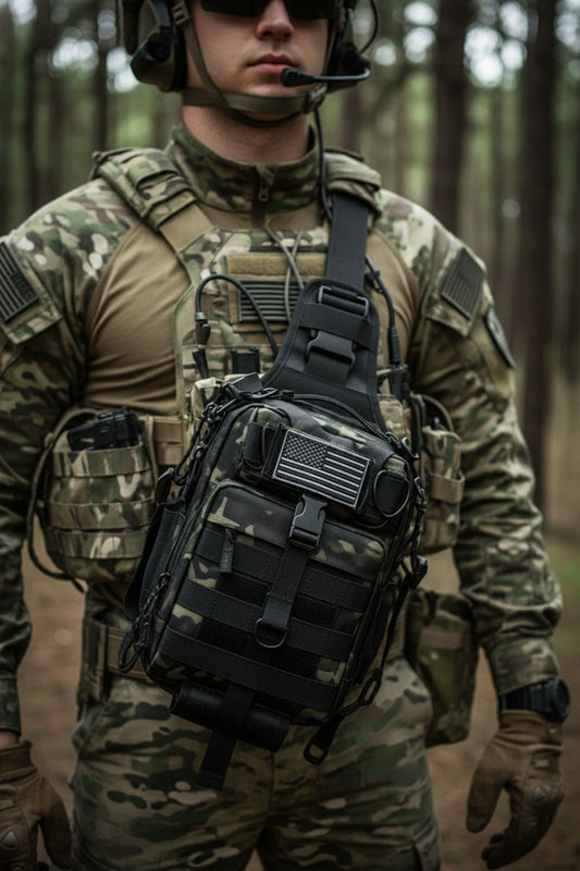 Protector Plus Tactical Sling Bag Military MOLLE Crossbody Pack Chest Shoulder Backpack EDC Diaper Satchel Motorcycle Bicycle Daypack (Patch Included) Black Camo