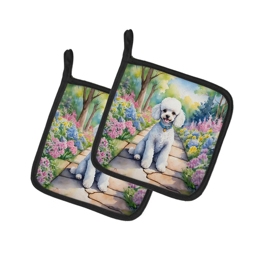White Poodle Spring Path Pair of Pot Holders
