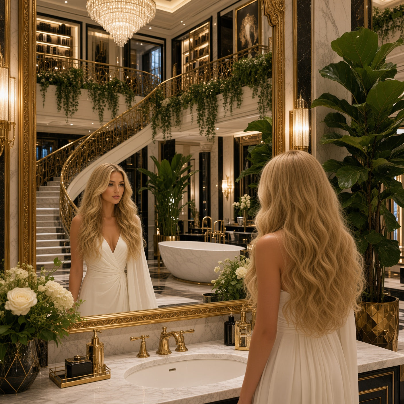 Long wavy light blonde one-piece hair extension wig with natural look