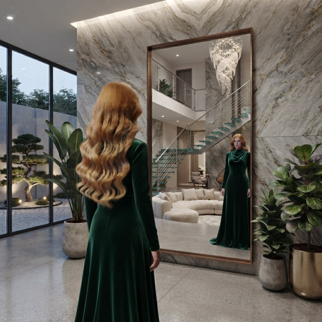 Long wavy auburn hair wig, seamless one-piece fit