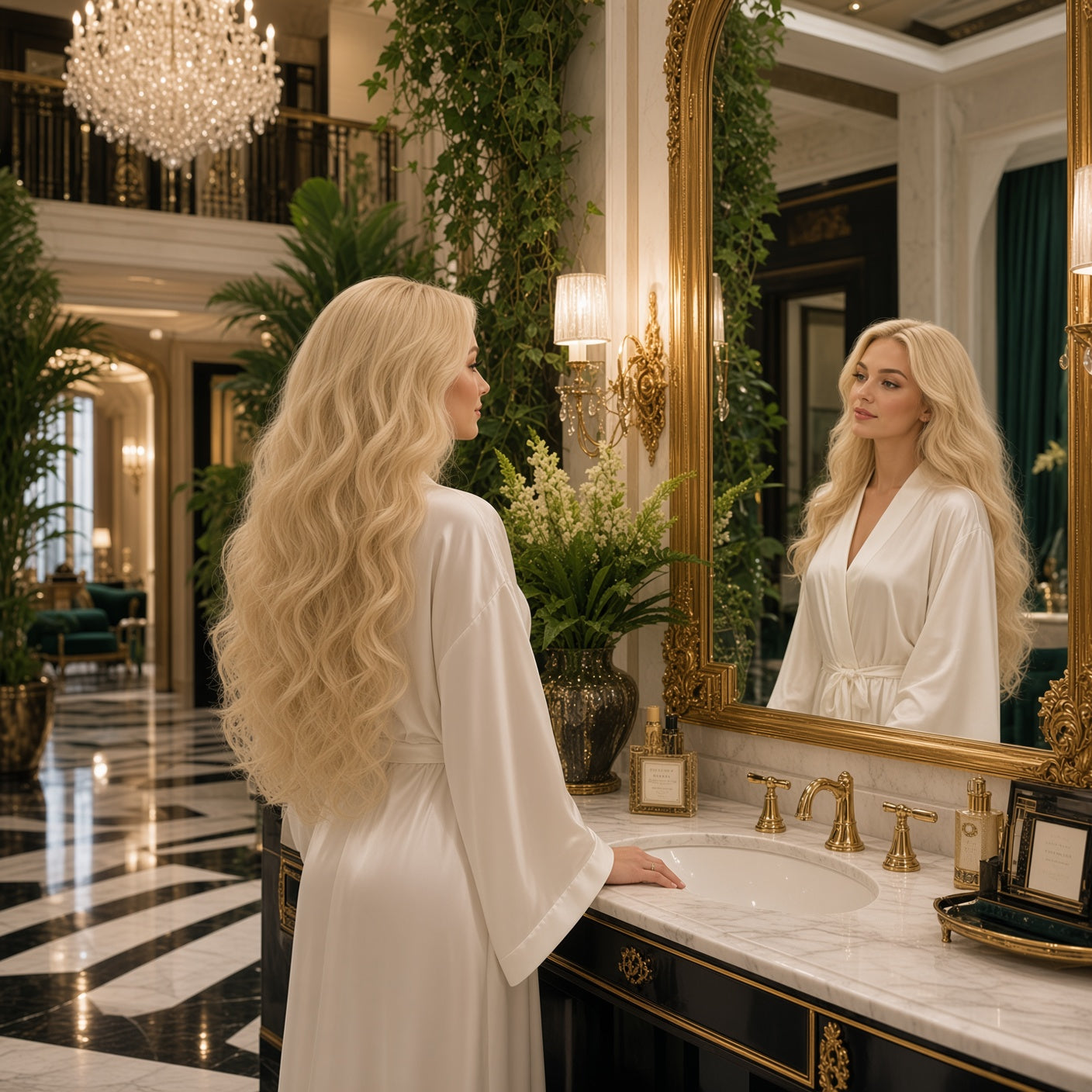 Long wavy blonde hair extension wig, side view with loose curls and full coverage