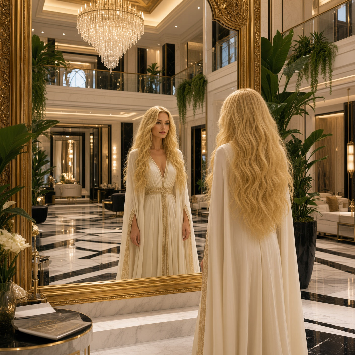 Long wavy blonde hair extension wig, natural part, shown front-facing in mirror
