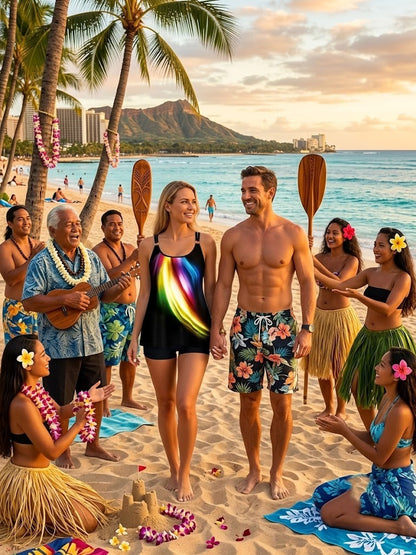 Black tankini set with rainbow wave front, paired with floral swim shorts