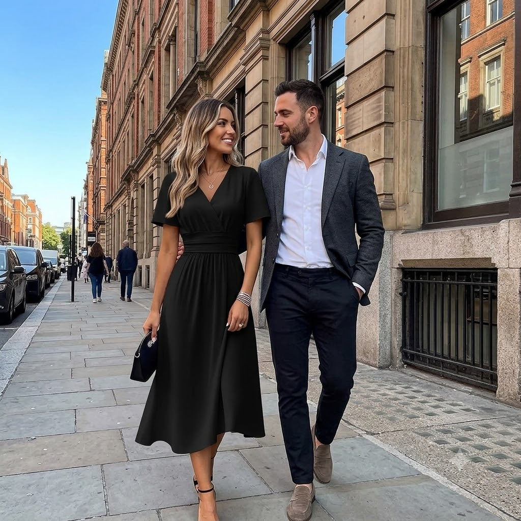 Women’s casual short-sleeve V-neck dress in black, gathered waist and midi hem.