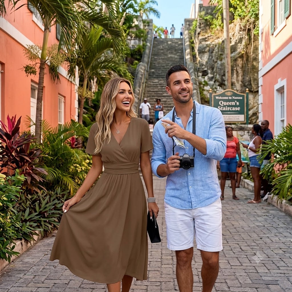 Women’s casual short-sleeve V-neck dress in olive green, fitted waist and flared skirt.