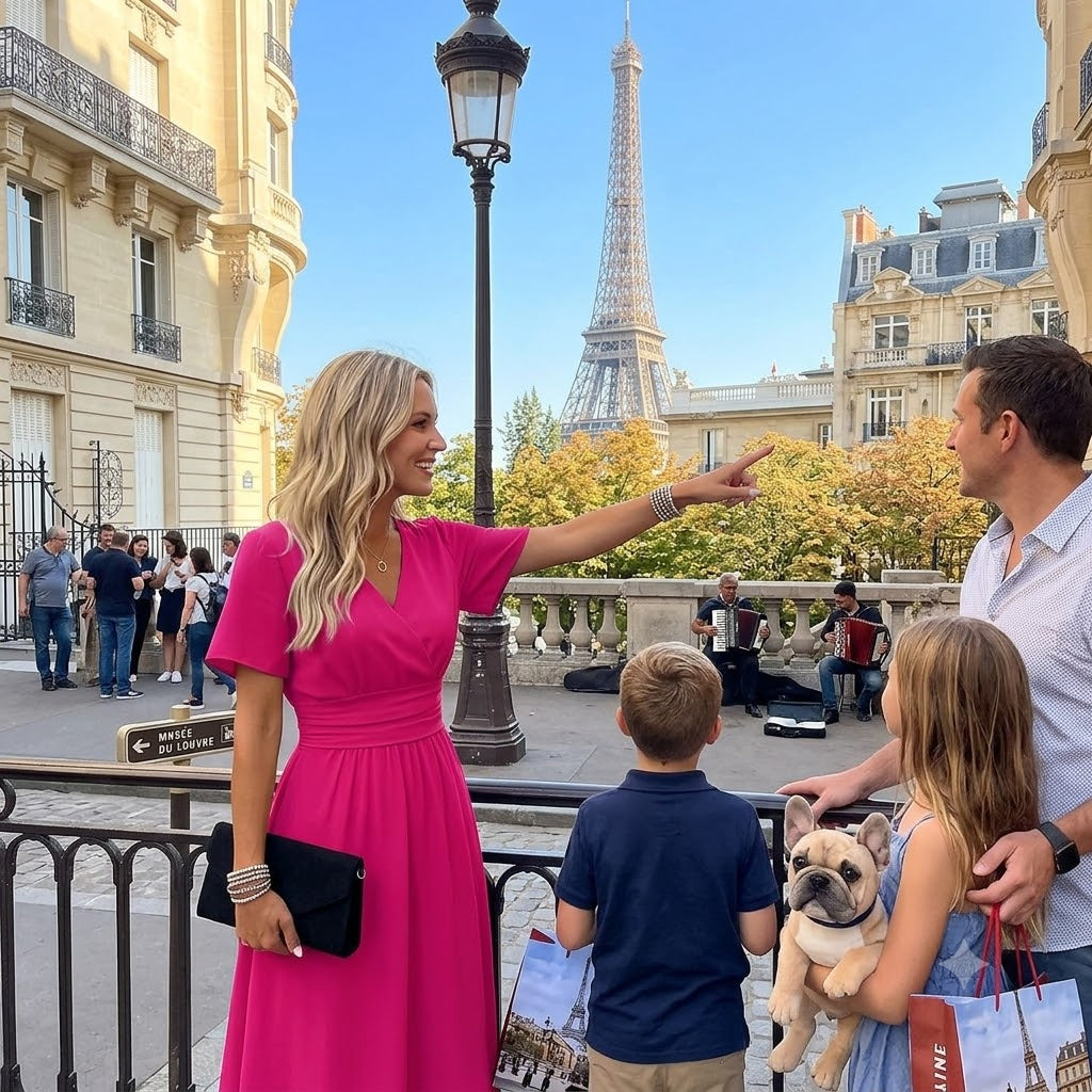 Magenta solid V-neck short-sleeve casual dress with cinched waist and midi skirt